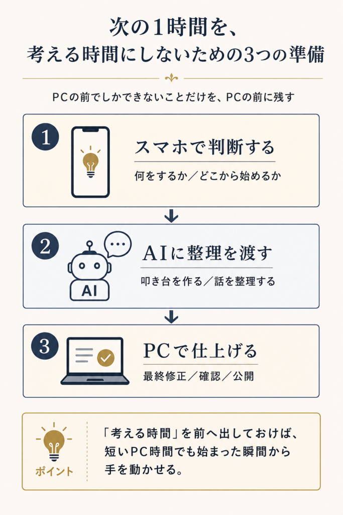 副業の作業を「スマホで判断」「AIに整理を渡す」「PCで仕上げる」の3段階に分ける方法